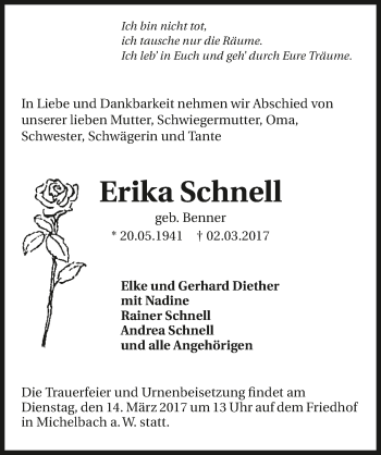 Traueranzeige von Erika Schnell 
