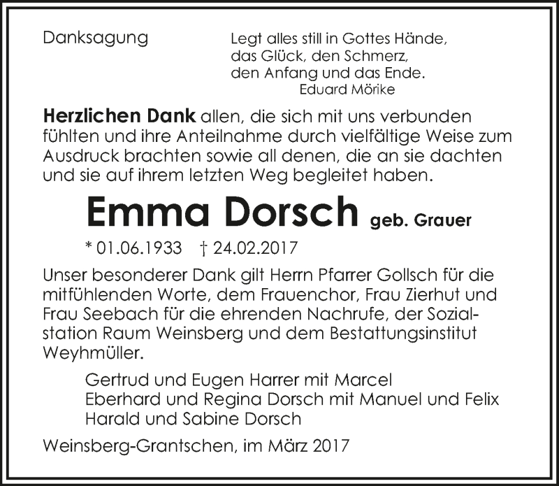  Traueranzeige für Emma Dorsch vom 21.03.2017 aus 