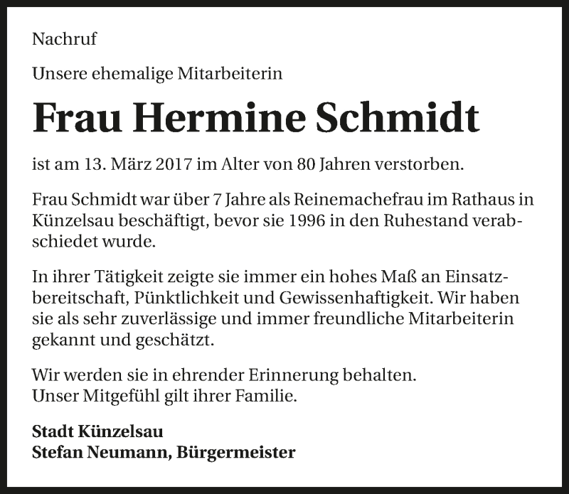  Traueranzeige für Hermine Schmidt vom 25.03.2017 aus 
