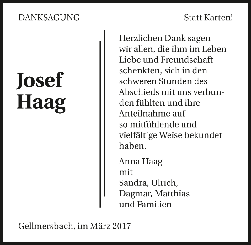  Traueranzeige für Josef Haag vom 17.03.2017 aus 