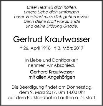 Traueranzeige von Gertrud Krautwasser 