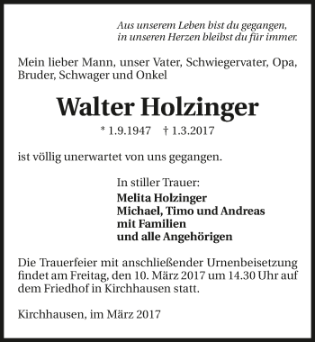 Traueranzeige von Walter Holzinger 