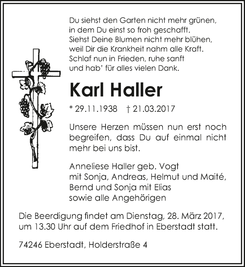  Traueranzeige für Karl Haller vom 24.03.2017 aus 