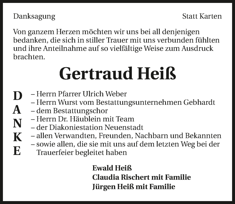  Traueranzeige für Gertraud Heiß vom 01.04.2017 aus 