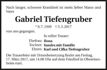 Traueranzeige von Gabriel Tiefengruber 