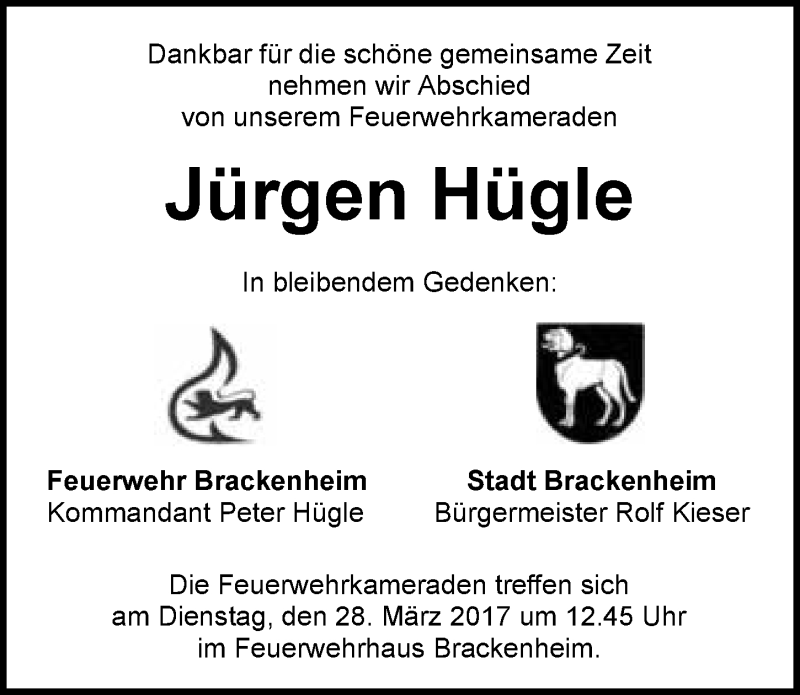  Traueranzeige für Jürgen Hügle vom 23.03.2017 aus 