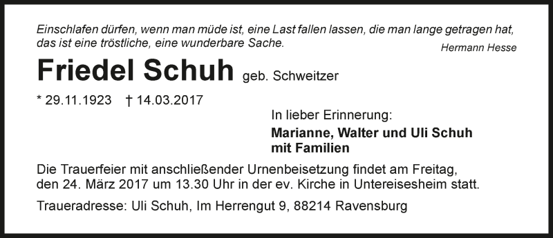  Traueranzeige für Friedel Schuh vom 20.03.2017 aus 
