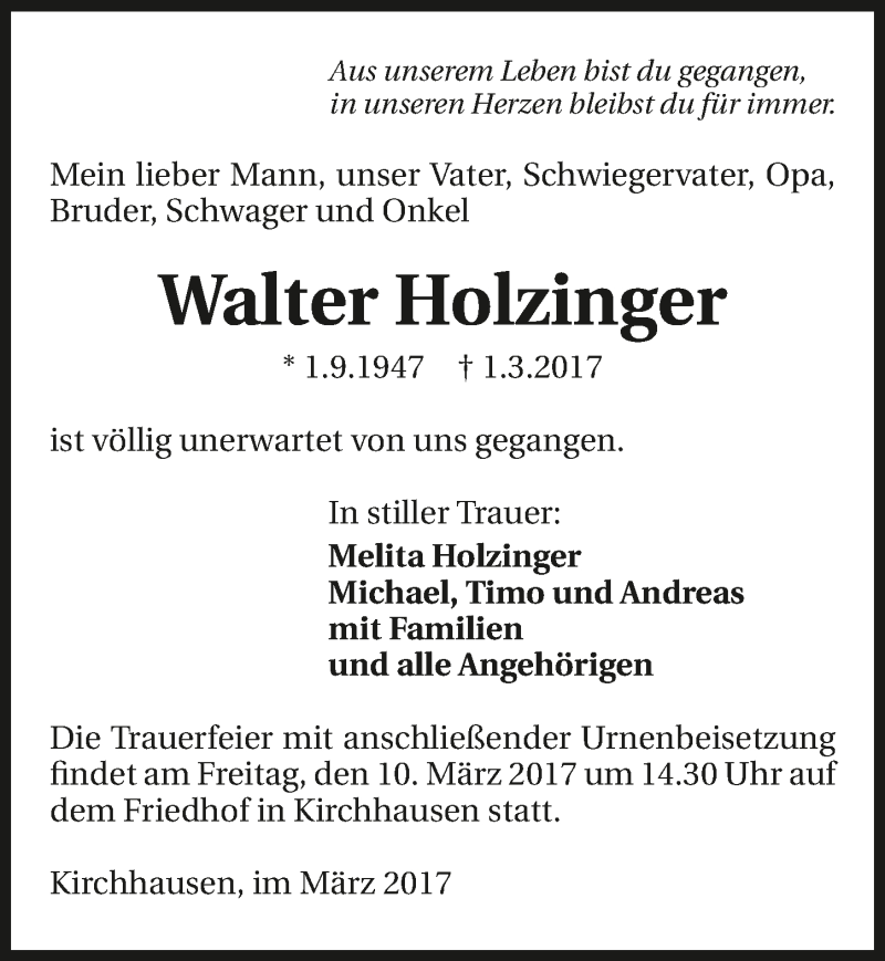  Traueranzeige für Walter Holzinger vom 04.03.2017 aus 
