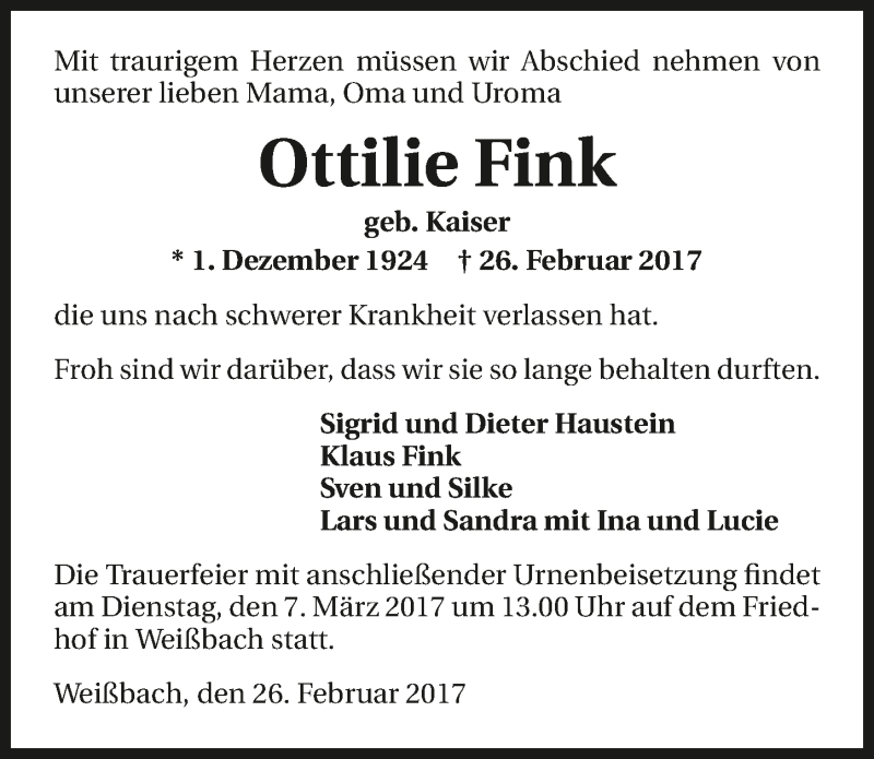  Traueranzeige für Ottilie Fink vom 04.03.2017 aus 