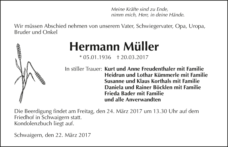  Traueranzeige für Hermann Müller vom 22.03.2017 aus 