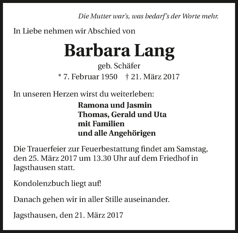  Traueranzeige für Barbara Lang vom 23.03.2017 aus 