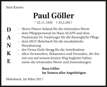 Traueranzeige von Paul Göller 