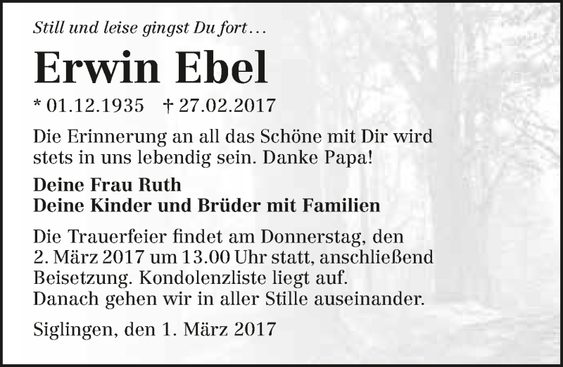  Traueranzeige für Erwin Ebel vom 01.03.2017 aus 
