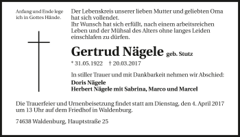 Traueranzeige von Gertrud Nägele 