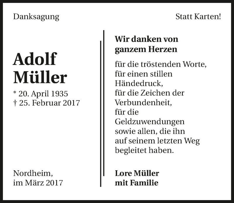 Traueranzeige für Adolf Müller vom 25.03.2017 aus 