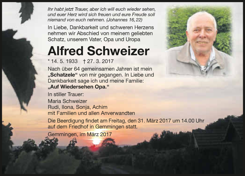  Traueranzeige für Alfred Schweizer vom 30.03.2017 aus 
