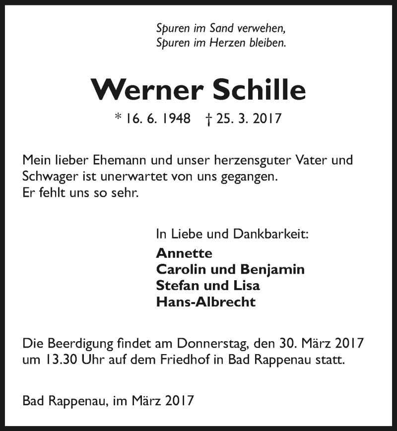  Traueranzeige für Werner Schille vom 28.03.2017 aus 