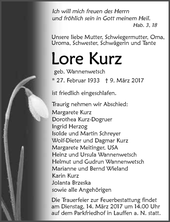 Traueranzeige von Lore Kurz 