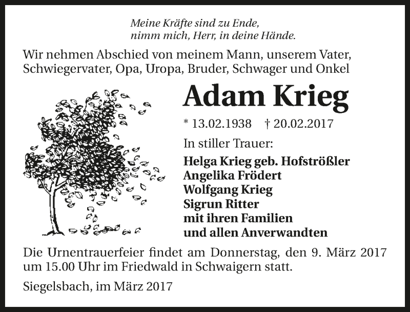  Traueranzeige für Adam Krieg vom 04.03.2017 aus 