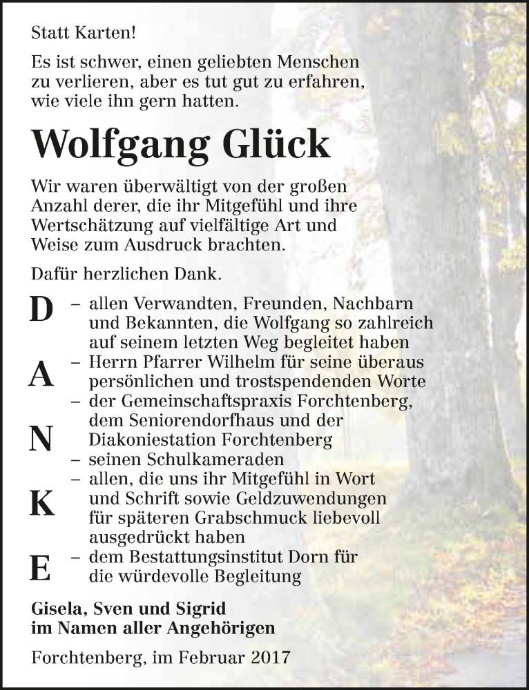  Traueranzeige für Wolfgang Glück vom 04.03.2017 aus 
