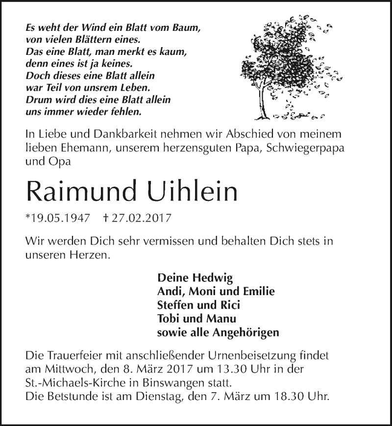  Traueranzeige für Raimund Uihlein vom 04.03.2017 aus 