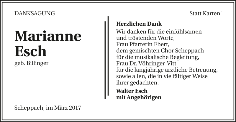  Traueranzeige für Marianne Esch vom 18.03.2017 aus 