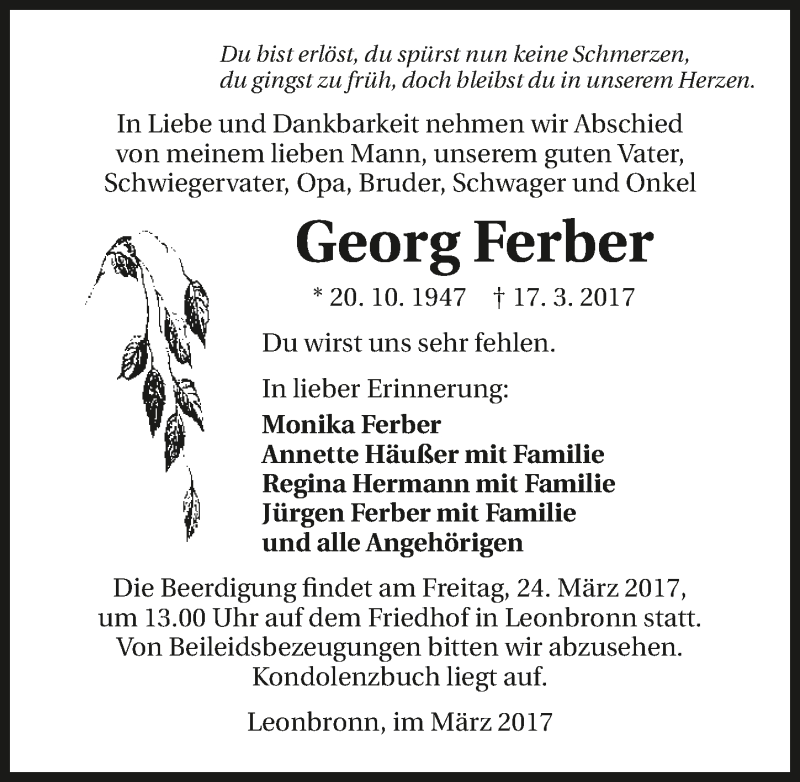  Traueranzeige für Georg Ferber vom 22.03.2017 aus 