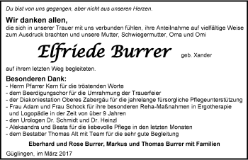 Traueranzeige von Elfriede Burrer 
