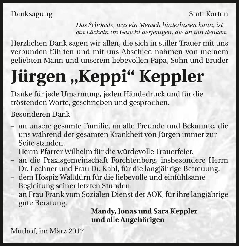  Traueranzeige für Jürgen Keppler vom 25.03.2017 aus 