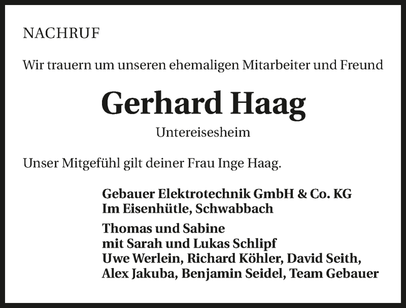  Traueranzeige für Gerhard Haag vom 07.03.2017 aus 