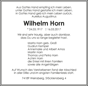 Traueranzeige von Wilhelm Horn 