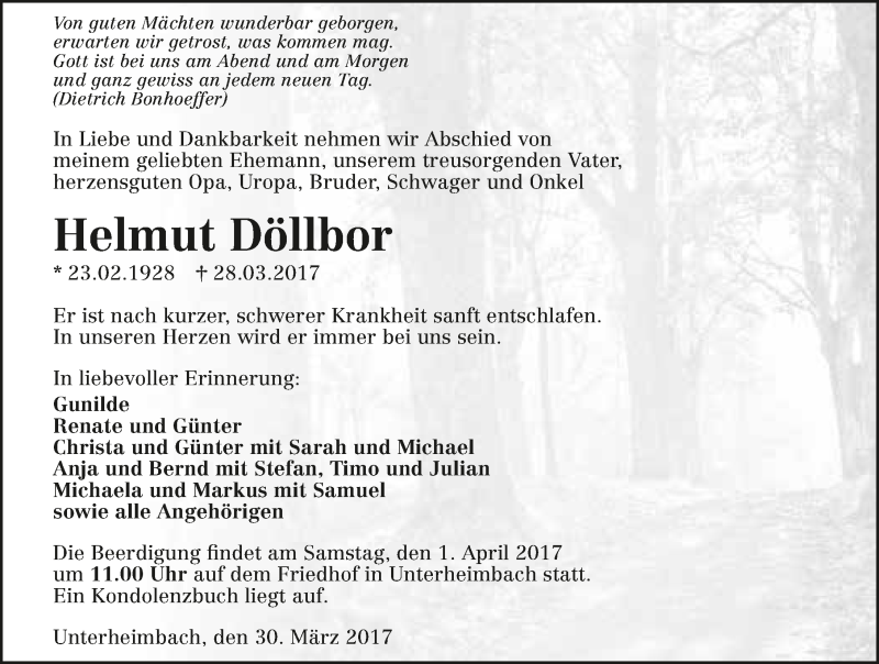  Traueranzeige für Helmut Döllbor vom 30.03.2017 aus 