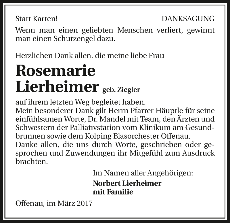  Traueranzeige für Rosemarie Lierheimer vom 18.03.2017 aus 