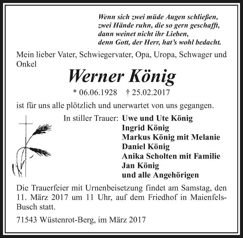  Traueranzeige für Werner König vom 07.03.2017 aus 