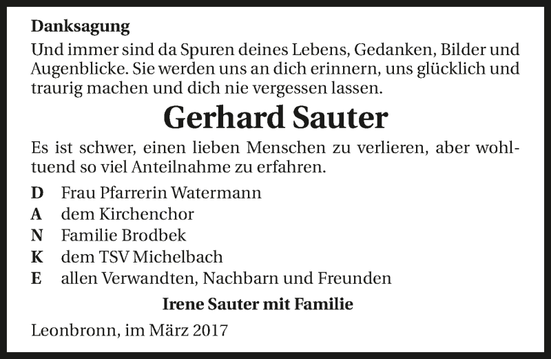  Traueranzeige für Gerhard Sauter vom 18.03.2017 aus 