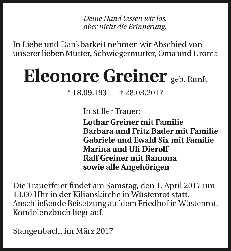  Traueranzeige für Eleonore Greiner vom 30.03.2017 aus 