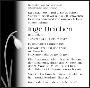 Traueranzeige von Inge Reichert 