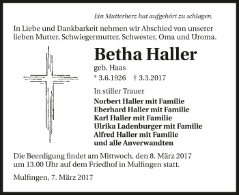 Traueranzeige von Betha Haller 