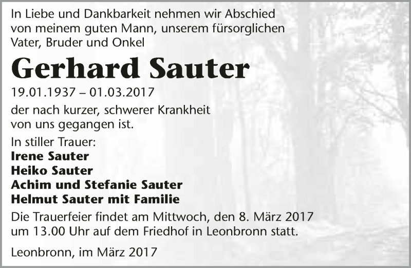  Traueranzeige für Gerhard Sauter vom 04.03.2017 aus 