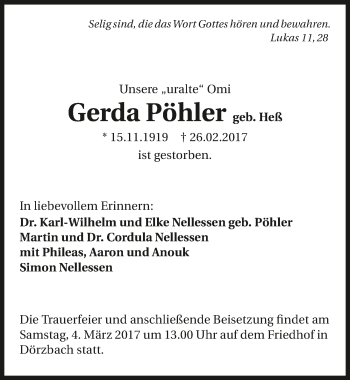 Traueranzeige von Gerda Pöhler 