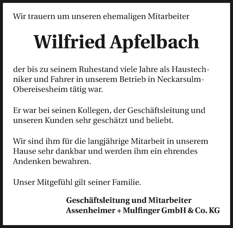 Traueranzeige für Wilfried Apfelbach vom 07.03.2017 aus 