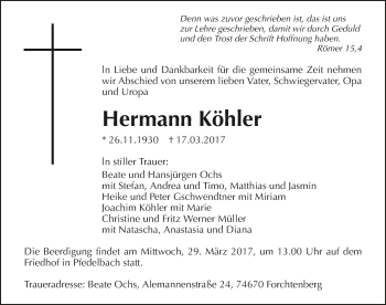Traueranzeige von Hermann Köhler 