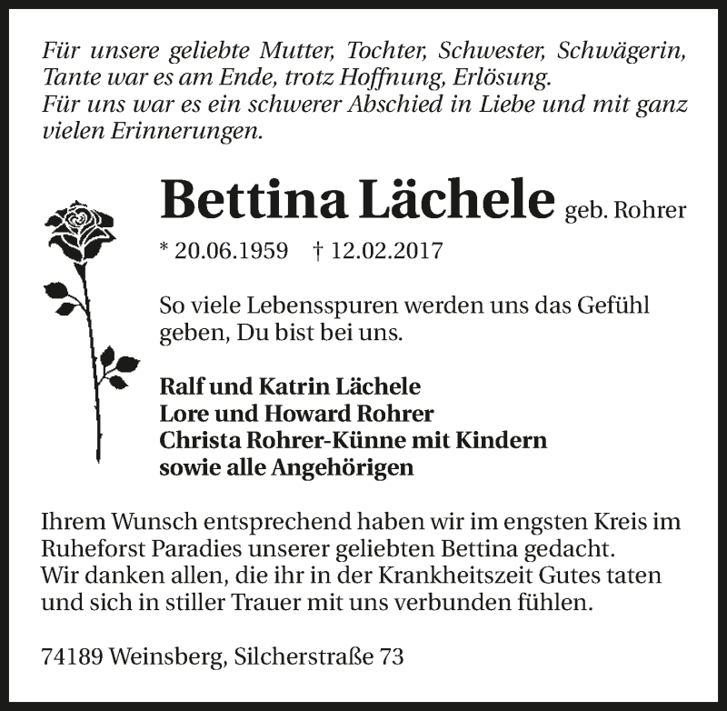  Traueranzeige für Bettina Lächele vom 01.03.2017 aus 