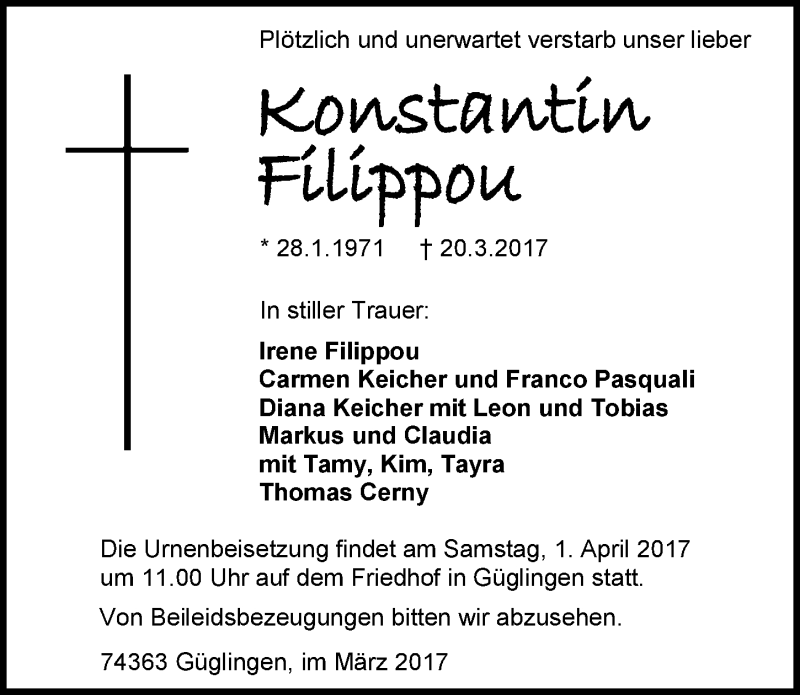  Traueranzeige für Filippou Konstantin vom 27.03.2017 aus 