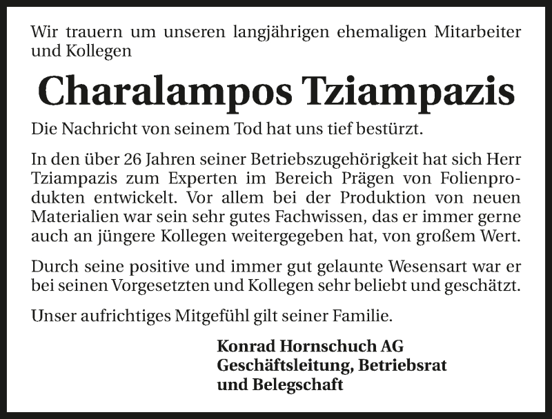  Traueranzeige für Charalampos Tziampazis vom 31.03.2017 aus 
