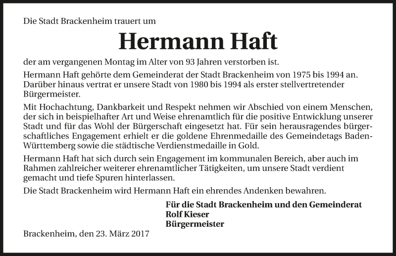  Traueranzeige für Hermann Haft vom 23.03.2017 aus 