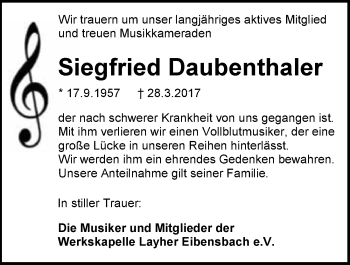 Traueranzeige von Siegfried Daubenthaler 
