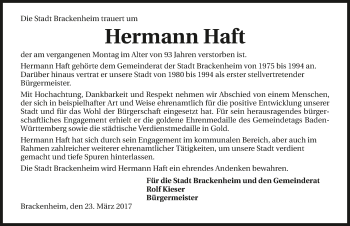 Traueranzeige von Hermann Haft 