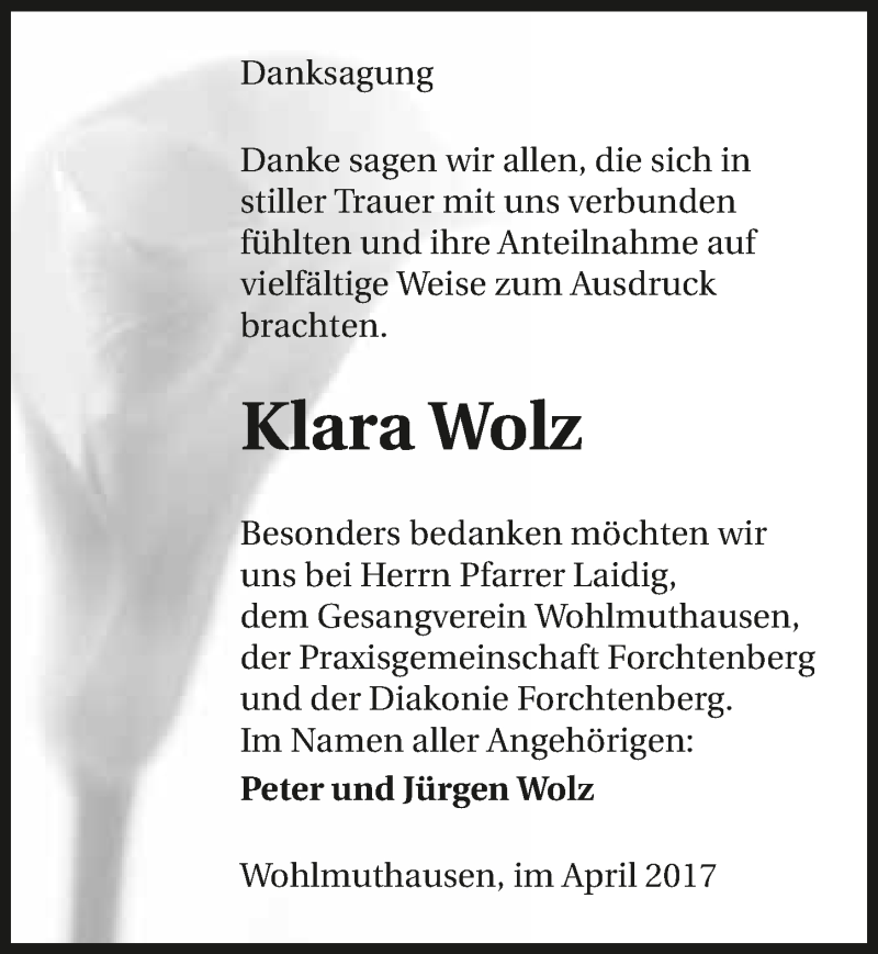  Traueranzeige für Klara Wolz vom 01.04.2017 aus 