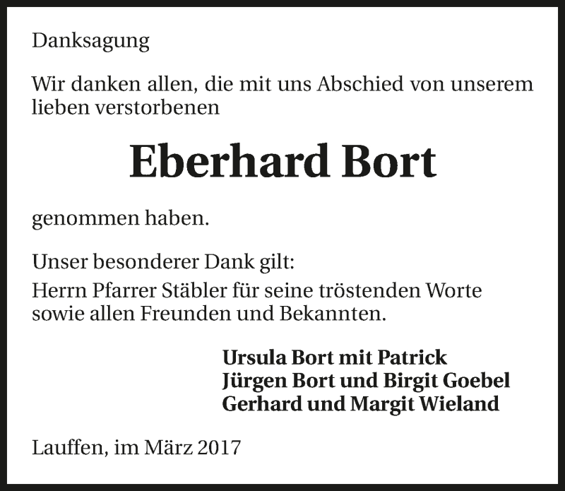  Traueranzeige für Eberhard Bort vom 25.03.2017 aus 